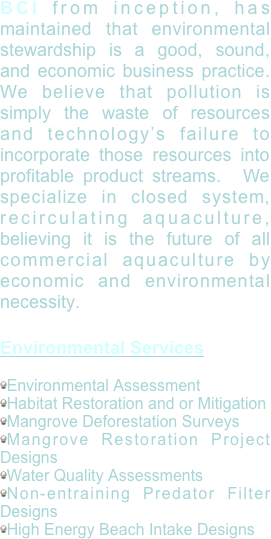BCI from inception, has maintained that environmental stewardship is a good, sound, and economic business practice.  We believe that pollution is simply the waste of resources and technology’s failure to incorporate those resources into profitable product streams.  We specialize in closed system, recirculating aquaculture, believing it is the future of all commercial aquaculture by economic and environmental necessity.
 
Environmental Services

Environmental Assessment
Habitat Restoration and or Mitigation
Mangrove Deforestation Surveys
Mangrove Restoration Project Designs
Water Quality Assessments
Non-entraining Predator Filter Designs
High Energy Beach Intake Designs