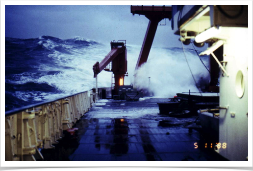 The freezing wash of large Greenland  Sea waves resulted in ice build-up on deck.
