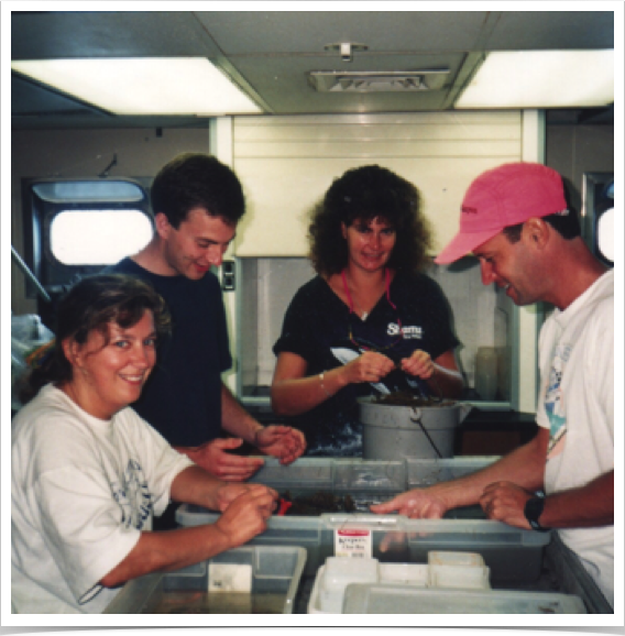 Dr. Alshuth in lab aboard RV Seward Johnson - sorting samples collected on JSL dive.