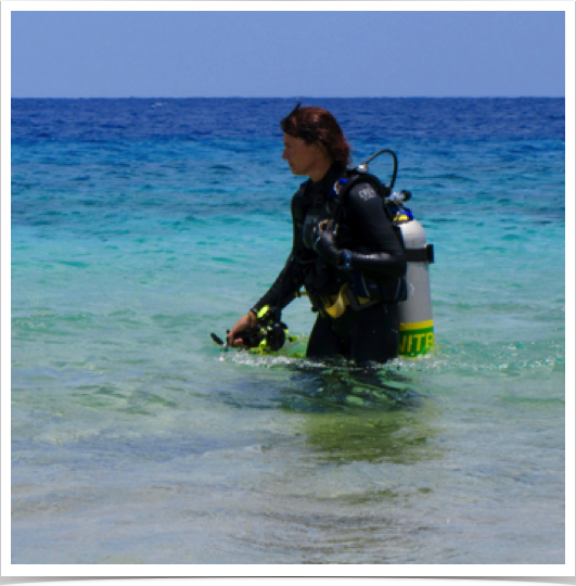 Dr. Alshuth exploring the fringing coral reefs - accessible from the shore along the lee side of the islands.