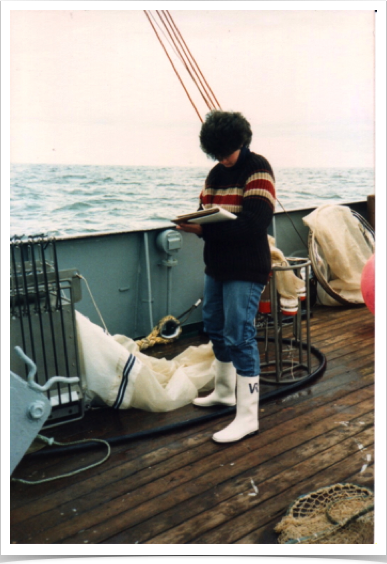 Dr. Alshuth recording physical oceanographic data associated with the distribution and abundance of ichthyoplankton.