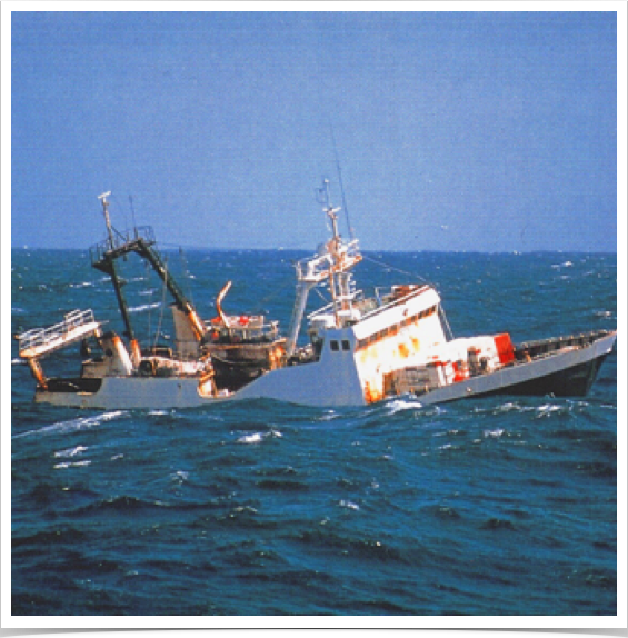Fish Trawler on counter-course in rough  Atlantic waters.
