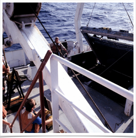 Launching the MOCNESS trawl - used to collect biological samples from the pelagial:  from the surface zone, the photic zone, down to the pycnocline. 
