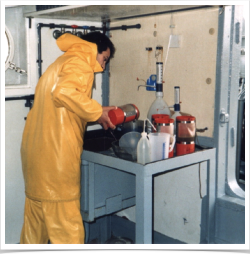 Ichthyoplankton samples transferred to the wet lab area onboard the research vessel for preservation