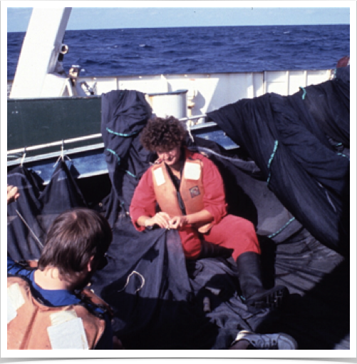 Maintenance onboard: Dr. Alshuth&rsquo;s turn to stitch the MOCNESS trawl nets.
